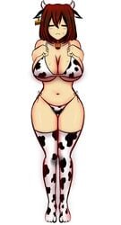 1girls bell big_breasts brown_hair closed_eyes cow_bikini cow_costume cow_print cowbell ear_tag female female_only frisk sweat underboob undertail undertale white_background white_skin yazu_(artist) yazuel_aliel year_of_the_ox