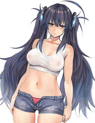 1girls 2016 ahoge arms_at_sides bare_arms bare_shoulders black_hair blank_expression blue_bottomwear breasts brown_eyes closed_mouth collarbone commentary_request covered_nipples cowboy_shot denim denim_shorts dutch_angle exposed_belly female female_only front_view half-closed_eyes hip_focus jitome large_breasts long_hair manga midriff navel navy_blue_bottomwear nipples open_clothes open_fly open_shorts original panties pepe_(jonasan) pink_underwear see-through see-through_top shiny_hair shiny_legs shiny_skin short_shorts shorts simple_background solo solo_female standing stomach tank_top thigh_gap tomboy twintails underwear very_long_hair white_topwear