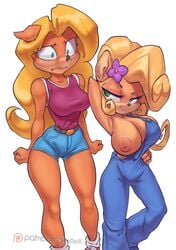 2girls activision anthro big_breasts breast_envy breasts breasts_out clothing coco_bandicoot crash_(series) crash_bandicoot_(series) female female_only flower hips huge_breasts jean_shorts large_breasts legs multiple_girls nipples no_bra no_shirt old_art one_breast_out overalls shorts shortstack showing_off smile source_request tawna_bandicoot thefuckingdevil yuri