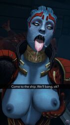 1girls 3d alien alien_girl asari blue_body blue_skin breasts_out clothed clothing cum cum_in_mouth cum_on_face dialogue fanart female female_only holding_breast krogan looking_at_viewer mass_effect samara scales selfie snapchat solo weebstank