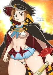 1girls alternate_costume artist_name ass_visible_through_thighs belly belly_button big_breasts bikini black_headwear black_jacket blue_bikini breasts brown_eyes brown_hair cameltoe cape cleavage cleft_of_venus closed_mouth covered_nipples eye_contact female_focus female_only frown gradient_background hat high_collar highleg highleg_panties highres holding holding_object jacket jacket_on_shoulders kill_la_kill large_breasts leaf life_fiber light-skinned_female light_skin looking_at_viewer mankanshoku_mako micro_bikini microskirt midriff miniskirt mouth_hold navel open_clothes open_jacket pale-skinned_female pale_skin partially_visible_vulva pinup pleated_skirt revealing_clothes school_uniform serafuku shiny_skin shirt short_hair short_sleeves shosho_oekaki sideboob skirt solo stalk_in_mouth standing stomach string_bikini swimsuit thong twitter_username underboob undersized_clothes white_shirt wide_eyed wide_hips