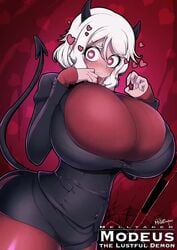 1girls animated big_breasts black_horn black_horns breasts busty cleavage demon demon_girl demon_horns demon_tail demoness female gif heart heart-shaped_pupils helltaker horn horns huge_breasts kyosuke_fujiwara large_breasts milk_engine modeus_(helltaker) no_sound pantylines red_eyes shorter_than_30_seconds smile standing tight_clothing video voluptuous white_hair wide_hips