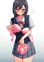 1girls black_hair blush bra braid clothed clothing deadnoodles_(@deadnooodles) eyebrows_visible_through_hair female glasses japanese light-skinned_female light_skin lingerie love_live! love_live!_nijigasaki_high_school_idol_club nakagawa_nana nervous panties pink_bra pink_panties school_uniform silver_eyes skirt sweat twin_braids yuuki_setsuna_(love_live!)