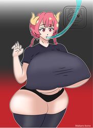 breast_expansion hose hose_in_mouth hose_inflation huge_ass huge_breasts huge_thighs ilulu_(dragon_maid) loose_shirt makaro-kono_(artist) miss_kobayashi's_dragon_maid panties pink_hair thigh_bulge thighhighs uncomfortable