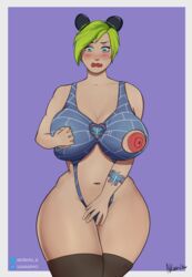 1girls akorisu areolae blue_eyes clothing clothing_cutout covering_breasts covering_crotch covering_nipples embarrassed female green_hair jojo's_bizarre_adventure jolyne_kujo large_breasts multicolored_hair navel nipples stone_ocean tearing_up thighhighs two_tone_hair