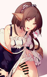 1futa animal_ears areolae arknights balls bar_censor bare_shoulders blue_bow blue_dress blue_jacket bow brown_hair censored clothed clothing collarbone commentary cowboy_shot dress flaccid fox_ears fox_girl fox_tail futa_only futanari gradient gradient_background hairbow heart high-angle_view highres humanoid humanoid_penis jacket light-skinned_futanari light_skin looking_at_viewer mirin_chikuwa mostly_clothed off_shoulder open_clothes open_jacket open_mouth penis perfumer_(arknights) pink_background ponytail shadow simple_background sitting solo spoken_heart striped striped_bow tail testicles thighs two-tone_dress white_dress white_hair yellow_eyes