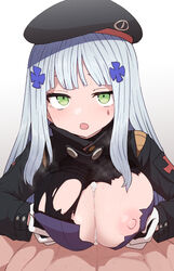 1boy bangs beret breast_squeeze breasts cum cum_on_body cum_on_breasts facial_mark female girls'_frontline gloves green_eyes hair_ornament hat highres hk416_(girls'_frontline) large_breasts long_hair long_sleeves looking_at_viewer nipples open_mouth paizuri pov silver_hair simple_background solo_focus straight sumiyao_(amam) torn_clothes torn_jacket white_background