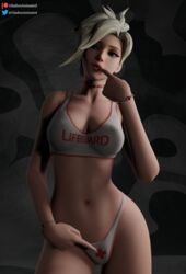 1girls 3d 3d_(artwork) bikini bikini_bottom bikini_top biting_lip blender blender_(software) blonde_hair blue_eyes bracelet bracelets choker collar finger_in_mouth finger_on_lip gladionanimated light-skinned_female light_skin looking_away mercy nipples nipples_visible_through_clothing overwatch pointing_at_pussy ponytail posing see-through see-through_clothing solo solo_female swimsuit swimwear