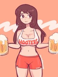 1girls 2020s 2021 2d alcohol artist_name beer beer_glass beer_mug brown_eyes brown_hair dolphin_shorts emirichu eyebrows_visible_through_hair female female_only front_view holding_object hooters hooters_uniform light-skinned_female light_skin long_hair octoramune orange_bottomwear pale-skinned_female pale_skin shiny_breasts shiny_hair shiny_skin short_shorts shorts side_slit simple_background smile smiling solid_color_background solo solo_female text_on_bottomwear text_on_topwear tomboy tubetop two_tone_background waitress waitress_uniform watermark white_topwear youtube youtuber