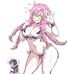 1boy 1girls big_breasts bikini black_hair blush blushing_at_viewer braid braided_hair braided_ponytail breasts cleavage demon_slayer female female_focus green_eyes iguro_obanai kaburamaru kanroji_mitsuri kimetsu_no_yaiba lewdamone male midriff pink_hair shounen_jump snake swimsuit thick_thighs thighs