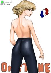 1ambiguous 1other ass ass_focus back_view black_eyes butler colored dat_ass dr.stone francois francois_(dr.stone) french french_flag gold_hair golden_hair looking_at_viewer looking_back quatermann servant tight_clothing tight_pants topless white_background white_skin