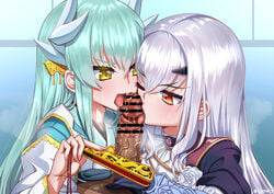 1boy 2girls bangs bar_censor blue_dress blush breasts censored collaborative_fellatio dark-skinned_male dark_skin dragon_horns dress fairy_knight_lancelot_(fate) fate/grand_order fate_(series) fellatio ffm_threesome fujimaru_ritsuka_(male) group_sex horn horns interracial japanese_clothes kimono kiyohime_(fate) kiyohime_(fate/grand_order) large_breasts licking licking_penis light-skinned_female light_skin long_hair long_sleeves melusine_(fate) multi_horn multiple_fellatio multiple_girls open_mouth oral penis sekai_saisoku_no_panda sidelocks small_breasts straight teamwork threesome white_hair yellow_eyes