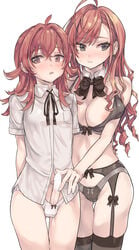 1futa 1girls ahoge areola_slip areolae arisugawa_natsuha ass_visible_through_thighs big_breasts black_bra black_legwear black_panties blouse blush bottomless bra breast_pocket breasts bulge censored cleavage closed_mouth clothed clothing collared_shirt couple couple_(disambiguation) detached_collar duo erection female female_pubic_hair femdom futa_with_female futanari futasub garter_belt garter_straps hair_between_eyes highres human idolmaster idolmaster_shiny_colors komiya_kaho large_breasts light-skinned_female light-skinned_futanari light_skin lingerie long_hair mostly_nude multiple_girls open_mouth pale_skin panties partially_clothed penis pocket pubic_hair pubic_hair_peek red_hair shirt short_sleeves simple_background standing stockings thigh_gap thighhighs tsukeo underwear white_background white_panties white_shirt yuri