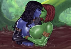 2girls armlet black_gloves black_hair blue_skin bracelet breasts chiss distracting_watermark ed_benes_studio elbow_gloves female female_only gloves green_skin huge_breasts kissing lanio_sena long_gloves long_hair making_out mirialan morella mud multiple_girls naked_female naked_gloves nipple_piercing original_characters quicksand red_eyebrows red_hair red_lipstick short_hair star_wars voluptuous vylladia watermark yuri