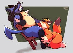 anthro big_knot blue_body canid canine chair domination duo fellatio fox fur furniture hi_res kneeling knot lucario male male/male mammal nintendo nipples nude oral orange_body orange_fur overweight overweight_male penile pokemon pokemon_(species) raburigaron sex sitting spikes spikes_(anatomy) thick_thighs video_games