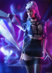 3d artist_name cleavage clothed clothing evelynn glowing_eyes k/da_all_out_evelynn k/da_all_out_series large_breasts league_of_legends open_shirt skirt solo solo_female therealzoh thighhighs yellow_eyes zoh