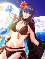 1girls alternate_costume bikini black_bikini black_swimsuit blaue0514 blue_eyes blue_hair breasts byleth_(fire_emblem) byleth_(fire_emblem)_(female) byleth_(summer)_(fire_emblem)_(female) cape capri_(blaue0514) dagger female fire_emblem fire_emblem:_three_houses fire_emblem_heroes flower flower_in_hair hair_flower holding holding_object innertube knife looking_at_viewer medium_hair nintendo ocean outdoors outside raft solo swimsuit water weapon white_skin