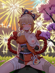 1boy :p absurdres arm_tattoo blush breast_tattoo breasts choker cowgirl_position female fireworks genshin_impact hair_ornament highres japanese_clothes kimono large_breasts licking_lips looking_at_viewer lying mikewei naughty_face nipples on_back one_breast_out orange_hair orange_kimono sitting sitting_on_person sky smile spread_legs straight tattoo tied_hair tongue tongue_out tree yoimiya_(genshin_impact)