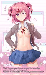 1girls accessory areola areolae blue_skirt blush blushing_at_viewer breasts clothed clothing ddlc_text_box dialogue dialogue_box doki_doki_literature_club english_text female female_only fit fit_female hair_accessory hair_intakes hair_ornament hair_ribbon hairclip hand_on_hip human light-skinned_female light_skin long_sleeves looking_at_viewer matching_hair/eyes motion_lines movement_lines natsuki_(doki_doki_literature_club) navel nipples no_bra partially_clothed petite pink_eyes pink_hair pleated_skirt portrait presenting presenting_body presenting_breasts ribbons school_uniform schoolgirl short_hair sinensian skirt slim small_breasts solo solo_female standing talking talking_to_viewer text thighs three-quarter_portrait tied_hair tsundere twintails