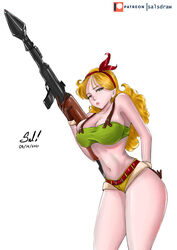 bad_launch blonde_hair cleavage dragon_ball dragon_ball_z gloves green_eyes gun hair_ribbon large_breasts launch looking_at_viewer midriff revealing_clothes salsdraws short_shorts skimpy_clothes tubetop viewed_from_below voluptuous