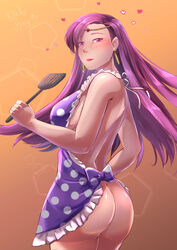 1girls apron ass back back_view bare_back brunnya_(fire_emblem) earrings fire_emblem fire_emblem:_the_binding_blade large_ass large_breasts lipstick long_hair looking_at_viewer looking_back milf naked_apron nintendo red_lipstick rinku_bny sideboob smile solo violet_eyes violet_hair