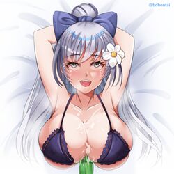 absurdres after_paizuri ahe_gao arms_behind_head artist_name azur_lane bdhentai bikini bow breasts collarbone cum cum_on_body cum_on_breasts eyebrows_visible_through_hair female flower grey_eyes hair_flower hair_ornament hairbow highres large_breasts long_hair lying official_alternate_costume on_back open_mouth paizuri paizuri_under_clothes purple_bikini purple_bow rolling_eyes saliva silver_hair skindentation solo swimsuit upper_body vittorio_veneto_(azur_lane) vittorio_veneto_(the_flower_of_la_spezia)_(azur_lane) white_flower