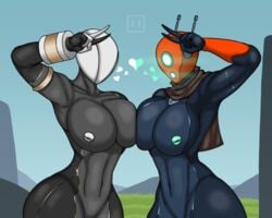 2girls artificer_(risk_of_rain) big_breasts breasts_frottage curvaceous duo duo_female front_view heart hexagon huntress_(risk_of_rain) multiple_girls nipples outside peace_sign risk_of_rain risk_of_rain_2 robot robot_girl squished_breasts the_boi_in_box voluptuous wide_hips