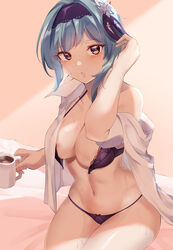 1girls blush bra breasts coffee coffee_mug curvy drink eula_(genshin_impact) female female_only genshin_impact haneramu hi_res large_breasts looking_at_viewer nipple_slip panties seductive sweat thick_thighs underwear