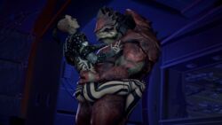 1boy 1girls 3d alien carrying carrying_partner fanart female full_body_tattoo jack_(mass_effect) krogan mass_effect nervaanims no_pants sci-fi science_fiction sex standing standing_sex straight tattoo urdnot_wrex