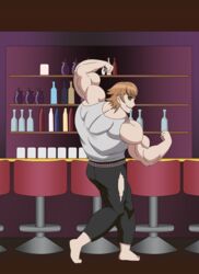 1boy back_muscles back_to_viewer bar_counter barefoot bottles_background danganronpa depraveddefense flexing_arms fujisaki_chihiro hole_in_pants looking_at_viewer looking_over_shoulder male male_only masculine muscle_growth muscular_male pants sequence_parts smooth_skin white_tank_top