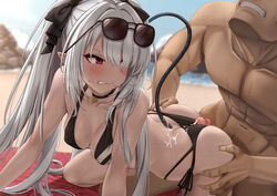 1boy absurdres all_fours bangs bare_shoulders bikini blue_archive blush breasts buttjob cleavage clenched_teeth collarbone female gehenna_academy_student grey_hair grinding highres iori_(blue_archive) iori_(swimsuit)_(blue_archive) long_hair medium_breasts momo_no_sukebe official_alternate_costume penis penis_on_ass prefect_team_(blue_archive) red_eyes swimsuit teeth