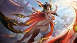 1girls bare_legs barefoot black_hair boots breasts cape characters_in_the_background flying glowing_eyes hair_ornament impossible_clothes league_of_legends leotard magic richtofen tagme thighs xayah yellow_eyes