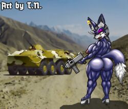 anthro anubian_jackal anus armored_vehicle ass big_breasts big_butt black_body black_fur bns_arts breasts btr80 canid canine canis countershade_face countershade_tail countershading ear_piercing ear_ring fan_character fangs female fluffy fluffy_tail fur genitals gun high_heels inner_ear_fluff jackal lips looking_at_viewer mammal muscular muscular_anthro muscular_female nargiza_the_jackal piercing pussy ranged_weapon red_lips sega sharp_teeth solo sonic_(series) t.n. teeth thick_thighs tuft weapon white_body white_fur white_inner_ear_fluff yellow_eyes