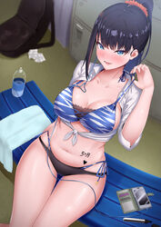 1girls belly_writing big_breasts bikini bloated blue_eyes blush body_writing breasts cleavage dearonnus earbuds early_pregnancy female female_only locker_room long_hair looking_at_viewer marker navel phone ponytail pregnant pudgy_belly slightly_chubby solo solo_focus ssss.gridman takarada_rikka thick_thighs tied_hair