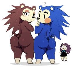 ? animal_crossing anthro ass being_watched big_ass big_butt black_nose blue_body blue_fur blush brown_body brown_fur bubble_ass bubble_butt clothed clothing edit eulipotyphlan female group hedgehog hip_to_hip labelle_able lineup looking_at_another looking_at_viewer looking_back mabel_able mammal nervous nintendo nude nude_edit sable_able shortstack shy siblings side_by_side simple_background sssonic2