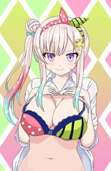 1girls airani_iofifteen blue_hair bra female formie hair hair_ornament hair_ribbon hands_on_own_chest hololive hololive_indonesia hololive_indonesia_area_15 large_breasts light-skinned_female light_skin looking_at_viewer loose_bra multicolored_hair paint_splatter pink_hair ponytail purple_eyes solo unbuttoned_shirt virtual_youtuber