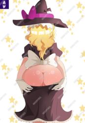 1girls 2d ass ass_focus ass_grab ass_up asshole blonde_hair hat indigopencil marisa_kirisame patreon reupload solo touhou watermark witch_hat