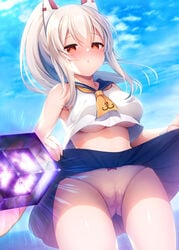 absurdres ayanami_(azur_lane) azur_lane bangs blonde_hair blue_sailor_collar blue_skirt blue_sky blush breasts clothes_lift commentary_request crop_top eyebrows_visible_through_hair female female hair_between_eyes hair_ornament heart heart-shaped_pupils highres horizon lifted_by_self long_hair looking_at_viewer medium_breasts mental_cube_(azur_lane) noukatu ocean panties parted_lips pink_panties ponytail red_eyes sailor_collar school_uniform serafuku sidelocks skirt skirt_lift sky solo standing symbol-shaped_pupils thighs underboob underwear