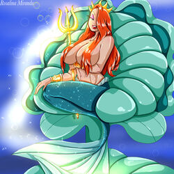 1girls cosplay crossover_cosplay disney green_eyes hair_covering_breasts hair_over_one_eye huge_breasts jessica_rabbit king_triton_(cosplay) long_hair mermaid mshowllet red_hair royalty the_little_mermaid the_little_mermaid_(1989_film) throne trident underwater voluptuous who_framed_roger_rabbit