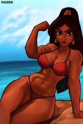 abs aladdin alluring aozee arabian beach bewitching_thighs bikini black_hair brown_eyes cleavage disney disney_princess fit_female flexing large_breasts princess princess_jasmine red_ royal seaside swimsuit thunder_thighs voluptuous