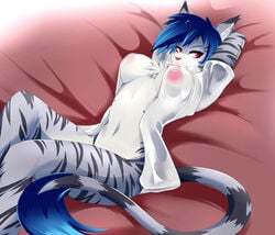 anthro bed blue_hair breasts clothed clothing felid feline female fur furniture grey_body grey_fur hair hi_res hybrid leopard lion lying lying_on_bed lynx mammal moonfluffmf on_back on_bed pantherine partially_clothed pose red_eyes shirt snow_leopard solo stripes tiger topwear wet wet_clothing wet_shirt wet_topwear white_body white_fur