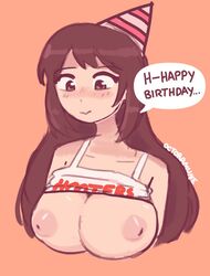 1girls 2d artist_name big_breasts birthday_hat blush breasts breasts_out brown_hair dialogue emirichu english_text female female_focus female_only happy_birthday hooters hooters_uniform inverted_nipples light-skinned_female light_skin long_hair nipples no_bra octoramune pale-skinned_female pale_skin pink_nipples raised_shirt shirt_lift shy simple_background solid_color_background solo speech_bubble text upper_body watermark youtube youtuber