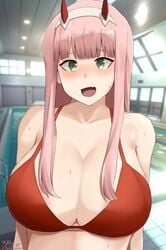 1girls bangs bikini bikini_top blush cleavage darling_in_the_franxx eyebrows_visible_through_hair green_hair huge_breasts long_hair pink_hair stray_pubic_hair sweat very_long_hair xx682567 zero_two_(darling_in_the_franxx)