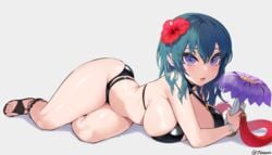 1girls absurd_res alternate_costume ass bikini black_bikini black_sandals blue_hair breasts byleth_(fire_emblem) byleth_(fire_emblem)_(female) byleth_(summer)_(fire_emblem)_(female) feet female fire_emblem fire_emblem:_three_houses fire_emblem_heroes flower grey_background hair_flower hair_ornament hair_over_shoulder hi_res jtveemo large_breasts looking_at_viewer lying nintendo on_stomach open_mouth purple_eyes sandals short_hair sideboob simple_background solo solo_female swimsuit teal_hair toenails toes very_high_resolution