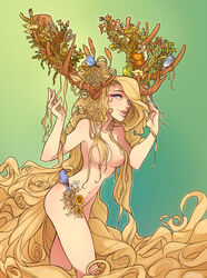 1girls antlers birds blonde_hair blue_eyes convenient_censoring deity flowers god goddess large_breasts mother_nature nude nude_female personification public_domain skirtzzz very_long_hair