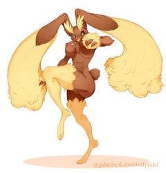 abs action_pose anthro anthrofied big_breasts big_ears black_sclera blush breasts brown_body brown_fur chest_tuft collaboration crevettpudel digitigrade female fluffy_ears fur galutine genitals hi_res lopunny nintendo nude pokemon pose pussy simple_background solo tuft video_games white_background yellow_body yellow_eyes yellow_fur