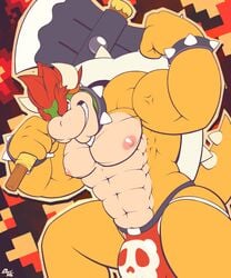 2021 abs abstract_background absurd_res anthro axe bara barazoku biceps big_bulge big_muscles bowser bracelet bulge clothing crouching eddy_dusty eyebrows flexing hair hi_res holding_axe holding_object holding_weapon horn jewelry jockstrap koopa male male_only mario_(series) melee_weapon muscular muscular_anthro muscular_male nintendo obliques pecs scalie shell smile solo spiked_bracelet spiked_shell spiked_tail spikes spikes_(anatomy) super_mario_bros. super_mario_bros._(nes) underwear vein video_games weapon