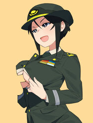 1boy absurdres bangs black_eyes black_hair chouno_ami dress_shirt female female_service_cap girls_und_panzer green_headwear green_jacket green_shirt green_skirt hat highres invisible_man invisible_penis jacket japan_ground_self-defense_force japan_self-defense_force long_sleeves military military_hat military_uniform necktie onsen_tamago_(hs_egg) paizuri paizuri_under_clothes pencil_skirt perpendicular_paizuri shirt short_hair skirt solo_focus swept_bangs uniform wing_collar yellow_background