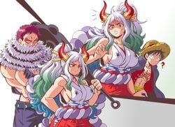 3boys abs black_hair charlotte_katakuri club female hakama horn horns japanese_clothes lewdamone long_hair male monkey_d_luffy one_piece pirate red_eyes red_hair scar shounen_jump sideboob straw_hat white_background white_hair yamato_(one_piece)