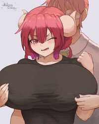 2girls blush clothed female female/female female_only glasses groping_from_behind horns ilulu_(dragon_maid) kobayashi large_breasts miss_kobayashi's_dragon_maid monster_girl multiple_girls niksoncrazy pinching_nipples red_eyes red_hair shortstack yuri